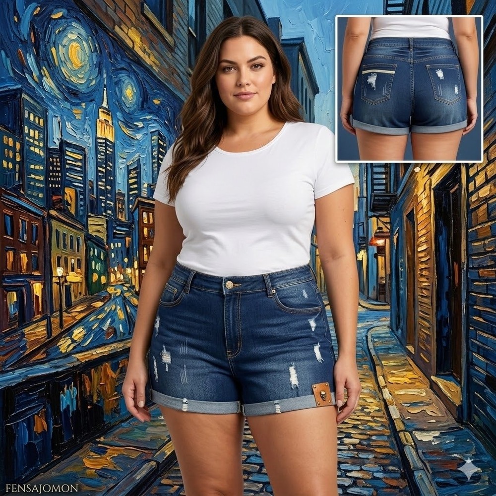 Fensajomon Womens 2XL Distressed Denim Shorts Blue Skull Leather Patch NWT